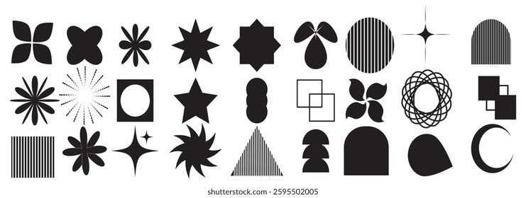 Brutalist Abstract geometric shapes and grids. Brutal contemporary figure star oval spiral flower and other primitive elements. Bauhaus variety design. Swiss design Aesthetic. Modern graphic. EPS 10