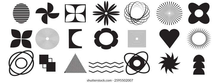 Brutalist Abstract geometric shapes and grids. Brutal contemporary figure star oval spiral flower and other primitive elements. Bauhaus variety design. Swiss design Aesthetic. Modern graphic. EPS 10