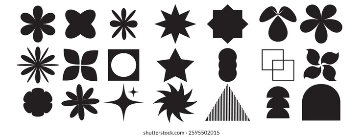 Brutalist Abstract geometric shapes and grids. Brutal contemporary figure star oval spiral flower and other primitive elements. Bauhaus variety design. Swiss design Aesthetic. Modern graphic. EPS 10