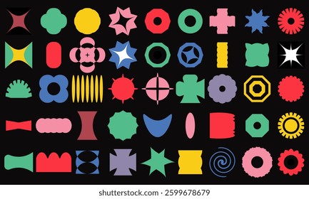 Brutalist abstract geometric shapes and grids. Brutal contemporary figure star oval spiral flower and other primitive elements. Swiss design aesthetic. Groovy retro shapes.  Memphis design. eps10 55