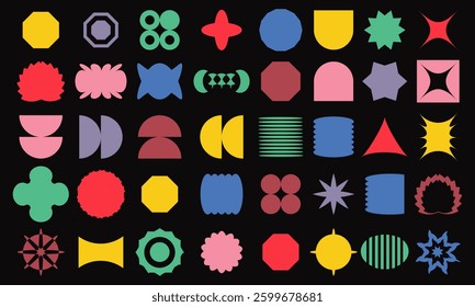 Brutalist abstract geometric shapes and grids. Brutal contemporary figure star oval spiral flower and other primitive elements. Swiss design aesthetic. Groovy retro shapes.  Memphis design. eps10 55