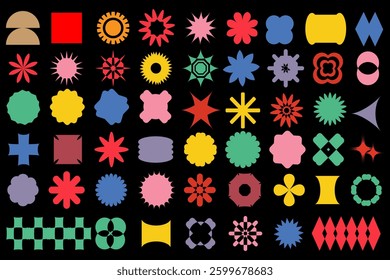 Brutalist abstract geometric shapes and grids. Brutal contemporary figure star oval spiral flower and other primitive elements. Swiss design aesthetic. Groovy retro shapes.  Memphis design. eps10 55