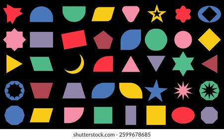 Brutalist abstract geometric shapes and grids. Brutal contemporary figure star oval spiral flower and other primitive elements. Swiss design aesthetic. Groovy retro shapes.  Memphis design. eps10 55