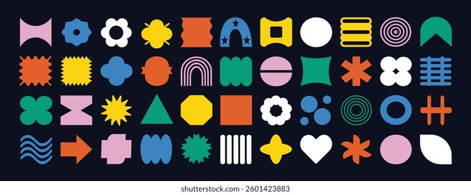 Brutalist Abstract Geometric Shapes and Grids. Contemporary Brutal Figures like Star, Oval, Spiral, Flower, and Other Primitive Elements. Swiss Design Aesthetic with Bauhaus and Memphis Influence