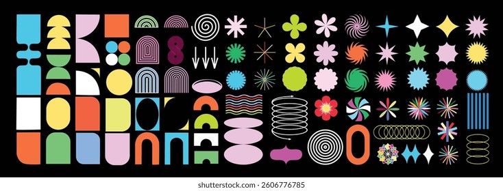 Brutalist abstract geometric shapes and grids. Brutal contemporary figure star oval colorful flower and other primitive elements, . Bauhaus memphis design.