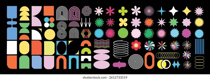 Brutalist abstract geometric shapes and grids. Brutal contemporary figure star oval spiral flower and other primitive elements. Swiss design aesthetic. beautiful Bauhaus memphis design. 

