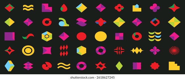 Brutalist abstract geometric shapes and grids. Brutal contemporary figure star oval spiral flower and other primitive elements. Swiss design aesthetic