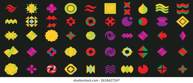 Brutalist abstract geometric shapes and grids. Brutal contemporary figure star oval spiral flower and other primitive elements. Swiss design aesthetic
