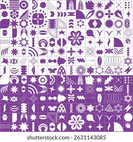 Brutalist abstract geometric shapes and grids. Brutal modern figure star, arrow, oval, arch, spiral flower and other primitive elements for style design. Bauhaus Memphis design.
