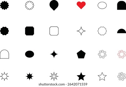 Brutalist abstract geometric shapes and grids. Brutal contemporary figure star oval spiral flower and other primitive elements. Shapes In Perfectly Arranged Pattern