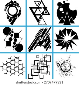 Brutalist abstract geometric shapes and grids. Brutal contemporary figure star oval spiral flower and other primitive elements. Swiss design aesthetic. Bauhaus memphis design.