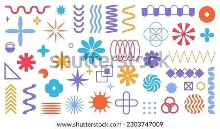 Brutalist abstract geometric shapes and grids isolated brutal minimal shapes set. Brutal contemporary figures, spiral flower and simple elements. Bauhaus memphis design. Cartoon vector illustration
