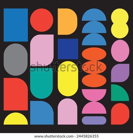 Brutalist abstract geometric shapes and grids. Round circle, square and other primitive elements. Swiss design aesthetic. Bauhaus Memphis design.