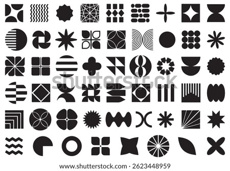 Brutalist abstract geometric shapes and grids. Brutal contemporary figure star oval spiral flower and other primitive elements. Swiss design aesthetic. Bauhaus memphis design