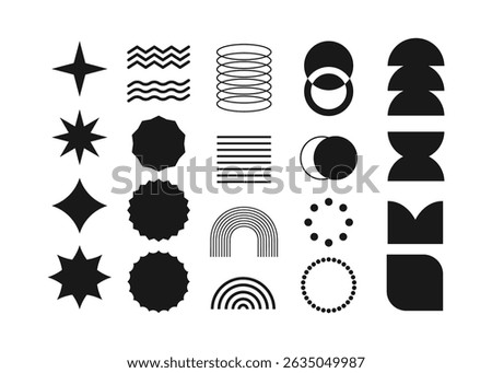 Brutalist abstract geometric shapes and grids. Brutal contemporary figure hexagon oval spiral lines and other primitive elements. Swiss design aesthetic. Bauhaus memphis design.