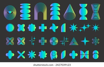 Brutalist abstract geometric shapes and grids.Trendy geometric neo brutalism forms, memphis elements vibrant colors gradient. Simple contemporary shapes forms,symbols.Vector illustration