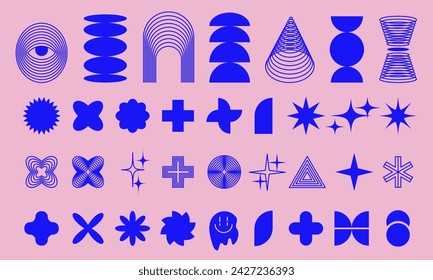 Brutalist abstract geometric shapes and grids.Trendy geometric neo brutalism forms,pink and blue colors. Simple contemporary shapes forms,symbols.Vector illustration