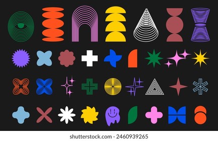 Brutalist abstract geometric shapes and grids.Trendy geometric neo brutalism forms,bright colors. Simple contemporary colorful shapes forms,symbols.Vector illustration EPS 10