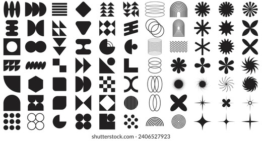 Brutalist abstract geometric shapes and grids.Y2K Geometric brutalism forms stickers.Brutal contemporary figure,stars,flowers and other primitive elements.Swiss design aesthetic.Bauhaus memphis design