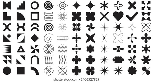 Brutalist abstract geometric shapes and grids.Y2K Geometric brutalism forms stickers.Brutal contemporary figure,stars,flowers and other primitive elements.Swiss design aesthetic.Bauhaus memphis design