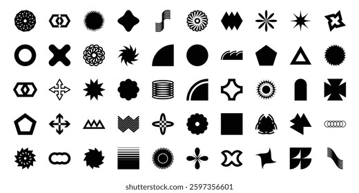 Brutalist abstract geometric shapes. Groovy retro shapes. Brutal contemporary figure star oval shapes elements. Stylish geometric shapes icon bundle for branding and marketing.