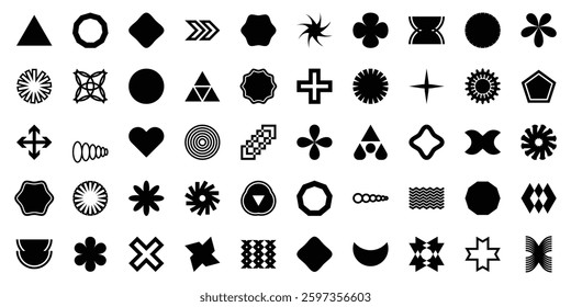 Brutalist abstract geometric shapes. Groovy retro shapes. Brutal contemporary figure star oval shapes elements. Stylish geometric shapes icon bundle for branding and marketing.