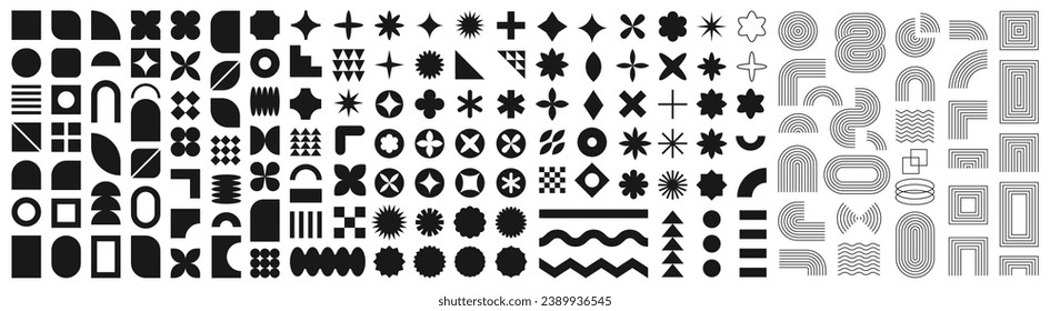 Brutalist abstract geometric shapes. Memphis design, brutalism, retro elements for web, vintage, star and flower shape, basic form, trendy. Collection trendy halftone vector geometric shapes.