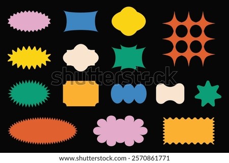 Brutalist abstract geometric shapes. Speech bubbles. Trendy minimalist basic figures, ovals, frames, stars. Modern swiss graphic design element vector set