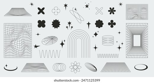 Brutalist abstract geometric shapes and wireframes. Bold figures and grids. Set of editable stroke vector elements, y2k aesthetic