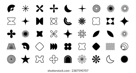 Brutalist abstract geometric shapes. Y2K Geometric design element shapes. Figures, stars, spiral flower and circles. Bauhaus memphis design geometric silhouette elements 