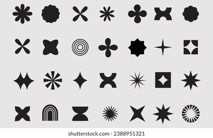 Brutalist abstract geometric shapes. Y2K Geometric design element shapes. Figures, stars, spiral flower and circles. Bauhaus Memphis design geometric silhouette elements design.	