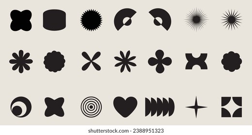 Brutalist abstract geometric shapes. Y2K Geometric design element shapes. Figures, stars, spiral flower and circles. Bauhaus Memphis design geometric silhouette elements design.	