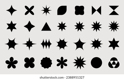 Brutalist abstract geometric shapes. Y2K Geometric design element shapes. Figures, stars, spiral flower and circles. Bauhaus Memphis design geometric silhouette elements design.	