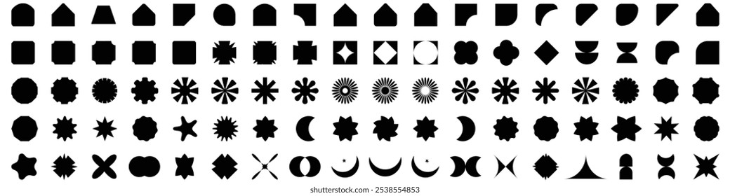 Brutalist abstract geometric shapes. Y2K Geometric design element shapes. Figures, stars, spiral flower and circles. 100+  basic shape collection. set of Vector basic shapes.