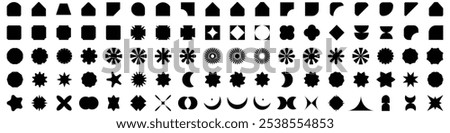 Brutalist abstract geometric shapes. Y2K Geometric design element shapes. Figures, stars, spiral flower and circles. 100+  basic shape collection. set of Vector basic shapes.