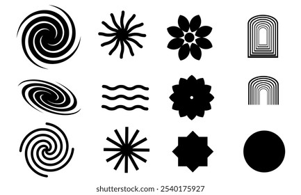 Brutalist abstract geometric vector black colors.  Brutal contemporary figure star oval spiral flower and other primitive elements. Swiss design aesthetic. Bauhaus memphis design.