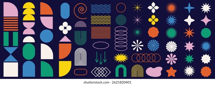 Brutalist abstract geometric vector composition featuring colorful shapes, symmetrical elements, with modern retro aesthetics for posters, social media design, or digital illustration work