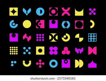 Brutalist abstract neon geometric shapes Swiss design aesthetics. Bauhaus Memphis design, black background