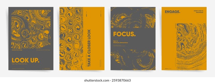 Brutalist abstract poster set with Geometric Shapes and Fluid Textures. Minimalist black and gold design for modern flyers, brochures, and branding concepts.