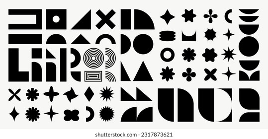 Brutalist abstract shapes, minimalist geometric elements, abstract bauhaus forms. Bauhaus design. Simple star, flower, oval, circle, and other primitive basic form. Swiss design aesthetic.