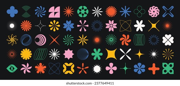 Conjunto de formas abstractas brutales. Brutalismo geométrico colorido 
forma círculos, flores, símbolos, estrellas y otros elementos primitivos minimalistas. Formas contemporáneas vectoras y conjunto de siluetas de iconos