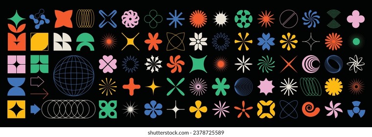 Brutalist abstract shapes set. Brutalism geometric colorful forms circle, floral, symbol, star, bauhaus, and other minimalist primitive elements. Vector contemporary shapes and icon silhouettes set