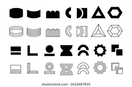 Brutalist abstract vector shapes black and linear style isolated on white. Geometric silhouettes collection