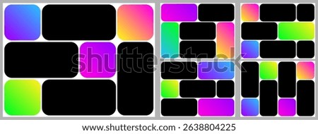 Brutalist background bento box grid. Photo post template layout. Presentation slide moodboard design. Brochure collage rectangular style gallery. Round shape modular mosaic hierarchy. Comic poster y2k
