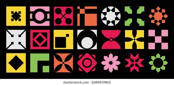 Conjunto de Artes vectoriales abstractos brutalistas y Bauhaus: Formas geométricas minimalistas, estrellas simples y Elementos gráficos de flores.