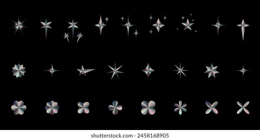 Brutalist Chrome y2k abstract geometric shapes. Various isolated vector figures on a black background