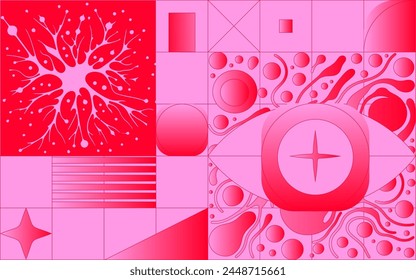 Brutalist collage with geometric elements and illustration of human eye and neurons in bold bright pink and red colors.