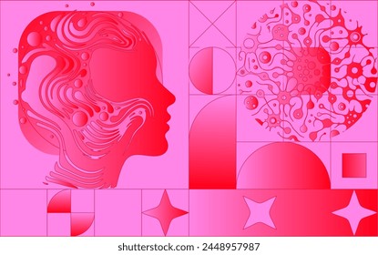 Brutalist collage with geometric elements and illustration of human head in bold bright pink and red colors.