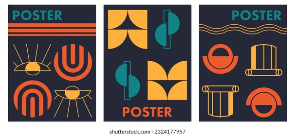 Brutalist design elements. Posters with geometric shapes. Trendy 90s style. Bauhaus design style.
