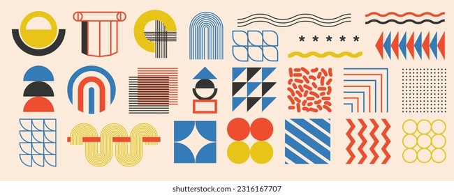 Brutalist design elements. Set of geometric shapes and grids. Trendy 90s - 2000s style. Elements for posters, stickers, clothes. Bauhaus design style.